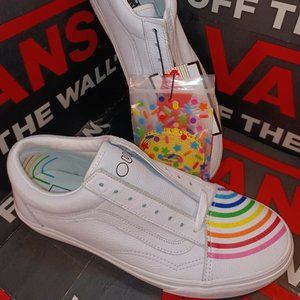 Vans Men's 9.5 Leather Flour Shop Super Comfycush S Old Skool Rainbow White